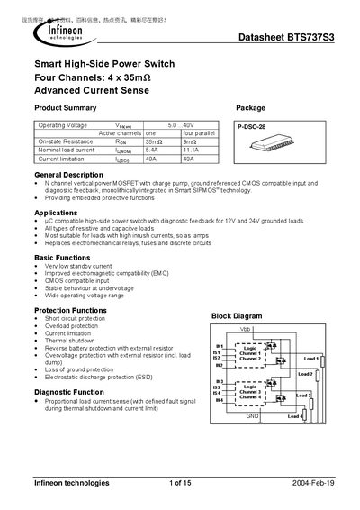Infineon BTS737S3 Datasheet - cover page