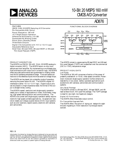 Analog Devices AD876 10‑Bit 20 MSPS ADC Datasheet - cover page