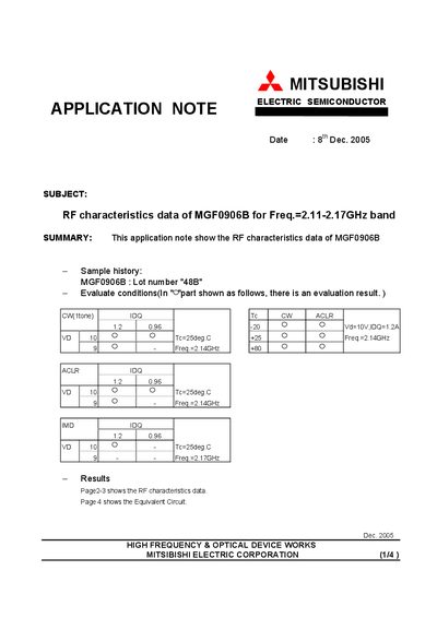 MITSUBISHI ELECTRIC SEMICONDUCTOR MGF0906B RF TEST DATA for Freq.=2.11-2.17GHz BAND Manual - cover page