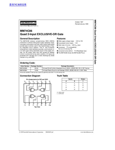 Fairchild MM74C86 Quad 2-Input EXCLUSIVE-OR Gate Datasheet - cover page