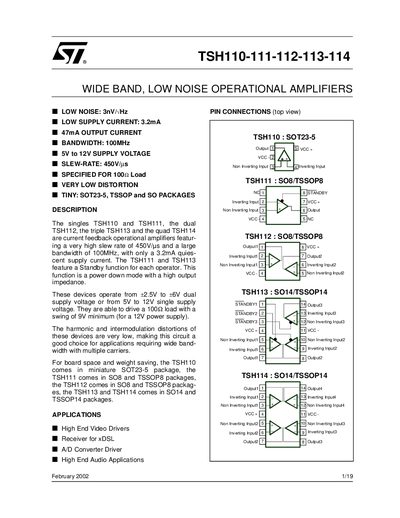 STMicroelectronics TSH110-111-112-113-114 Wide Band Low Noise Operational Amplifiers Datasheet - cover page