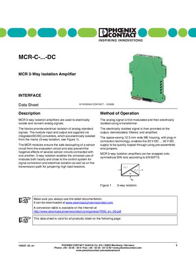 Phoenix Contact MCR 3-Way Isolation Amplifier Datasheet - cover page