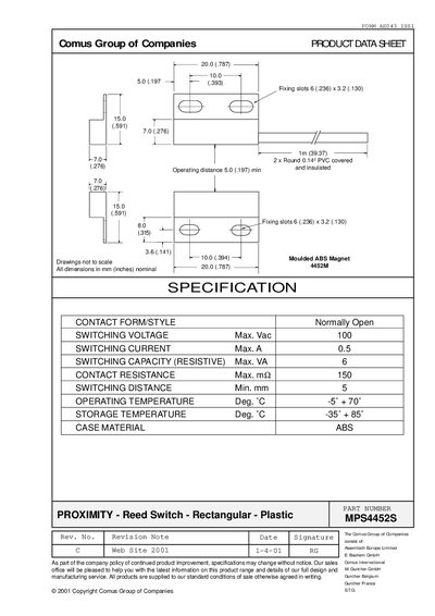 Comus MPS4452S Proximity Reed Switch Product Data Sheet - cover page