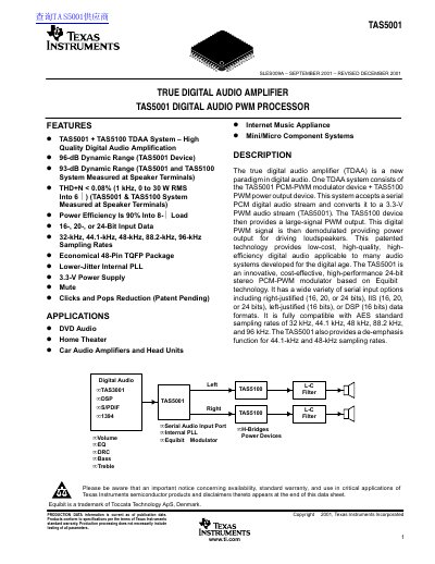 Texas Instruments TAS5001 True Digital Audio Amplifier Datasheet