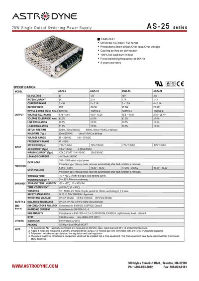 Astrodyne AS-25 Series Switching Power Supply Datasheet - cover page