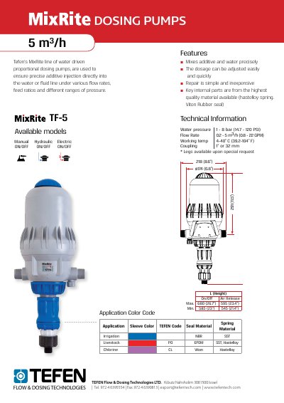 TEFEN TF-5 Water Driven Proportional Dosing Pumps Technical Data Sheet