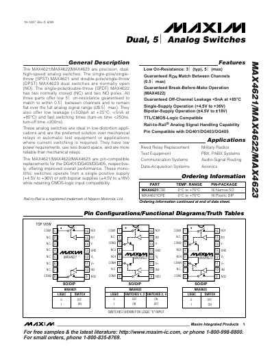 Maxim MAX4621/MAX4622/MAX4623 Dual 5Ω Analog Switch Datasheet - cover page