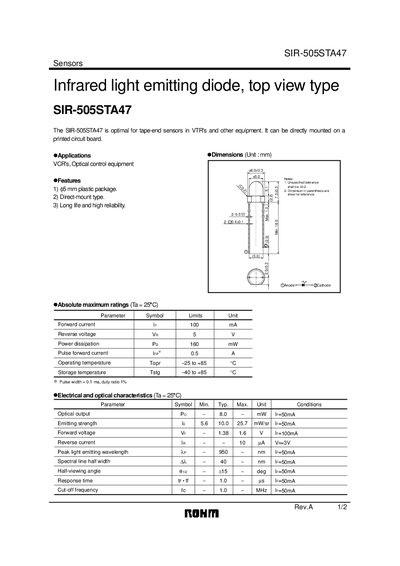 ROHM SIR-505STA47 Infrared LED Datasheet - cover page