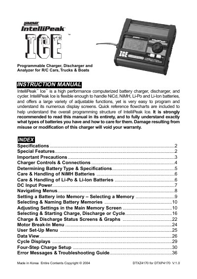 IntelliPeak Ice Programmable Charger, Discharger and Analyzer Instruction Manual - cover page