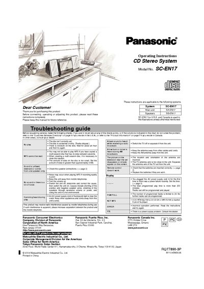 Panasonic SA-EN17 CD Stereo System Operating Instructions - cover page
