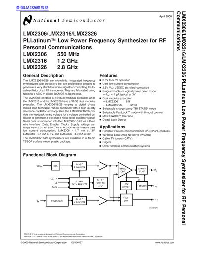 National Semiconductor LMX2306/LMX2316/LMX2326 PLLatinum Low Power Frequency Synthesizer for RF Personal Communications handbook - cover page