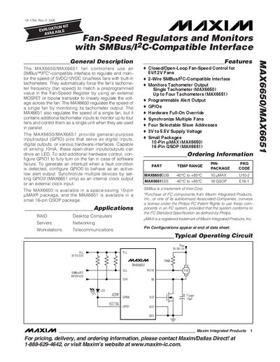 MAXIM INTEGRATED PRODUCTS MAX6650/MAX6651 Fan-Speed Regulators Monitors with SMBus/I2C-Compatible Interface handbook - cover page