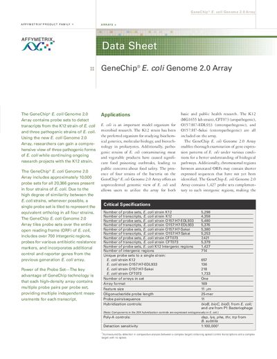 Affymetrix GeneChip E. coli Genome 2.0 Array Datasheet - cover page