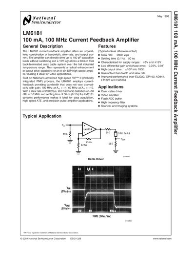 NATIONAL SEMICONDUCTOR - LM6181 100 mA 100 MHz Current Feedback Amplifier handbook - cover page