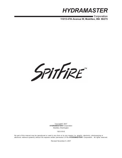 HydraMaster Spitfire 3.2 Truck-Mounted Carpet Cleaning Plant User Manual - cover page