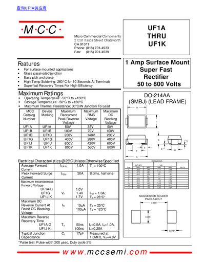 Micro Commercial Components UF1A-UF1K Series Rectifier Datasheet - cover page