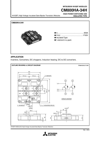 Mitsubishi Electric CM800HA-34H HVIGBT Module Datasheet - cover page