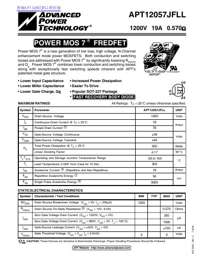 ADVANCED POWER TECHNOLOGY APT12057JFLL 1200V 19A 0.570 handbook - cover page