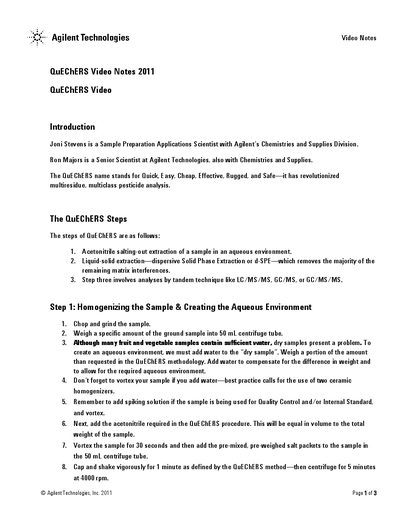 Agilent QuEChERS Video Notes 2011 - cover page