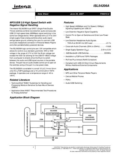 Intersil ISL54206A Dual SPDT Switch Data Sheet - cover page