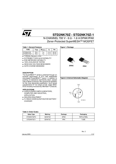 STMICROELECTRONICS STD2NK70Z - STD2NK70Z-1 User Manual - cover page