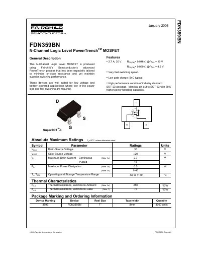 Fairchild FDN359BN N-Channel Logic Level MOSFET Datasheet