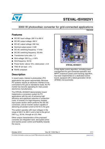 ST STEVAL-ISV002V1 3000 W photovoltaic converter for grid-connected applications handbook