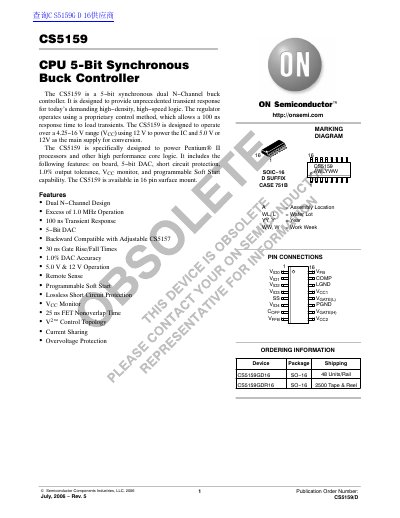 ON Semiconductor CS5159 CPU 5-Bit Synchronous Buck Controller Datasheet
