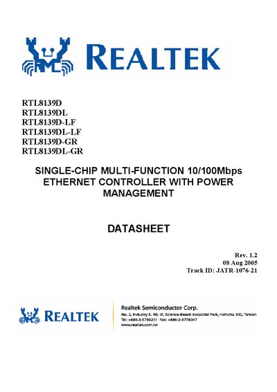 Realtek RTL8139DL Ethernet Controller Datasheet - cover page