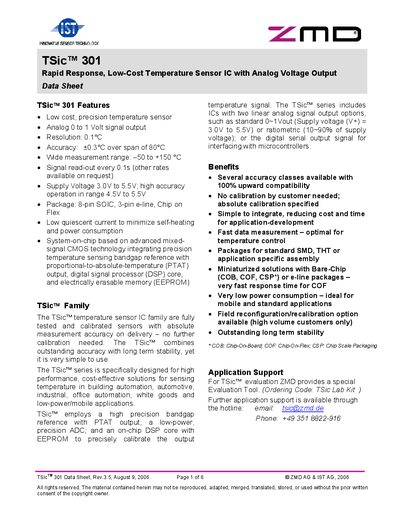 ZMD TSic 301 Temperature Sensor IC Data Sheet - cover page
