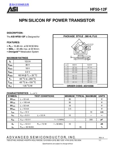 ASI HF50-12F NPN Silicon RF Power Transistor Datasheet - cover page