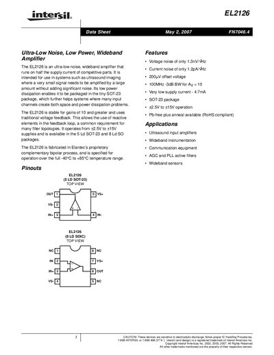 Intersil EL2126 Ultra-Low Noise Low Power Wideband Amplifier Datasheet - cover page