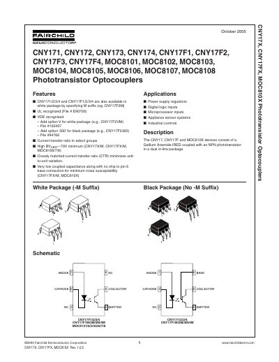 FAIRCHILD SEMICONDUCTOR CNY171 CNY172 CNY173 CNY174 CNY17F1 CNY17F2 CNY17F3 CNY17F4 MOC8101 MOC8102 MOC8103 MOC8104 MOC8105 MOC8106 MOC8107 MOC8108 Phototransistor Optocouplers - cover page