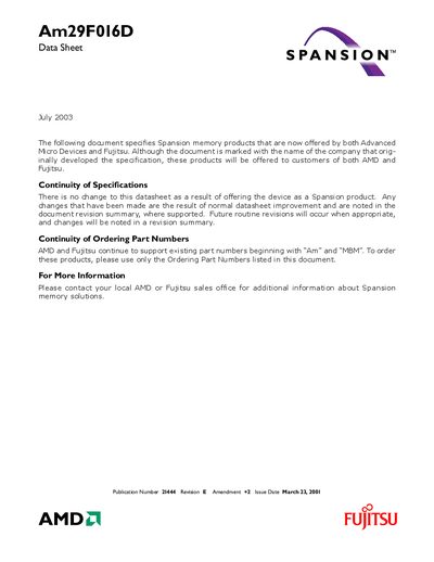 AMD Am29F016D Flash Memory Datasheet - cover page
