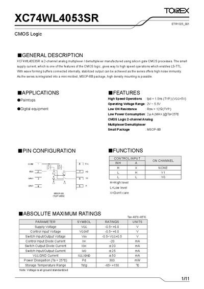Torex XC74WL4053SR 2‑Channel Analog Multiplexer/Demultiplexer Datasheet - cover page