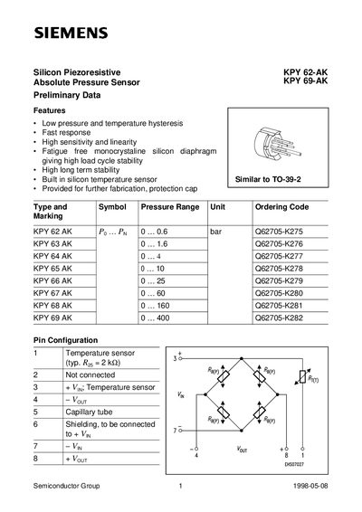 Siemens KPY 62-AK to KPY 69-AK Pressure Sensor Data Sheet - cover page