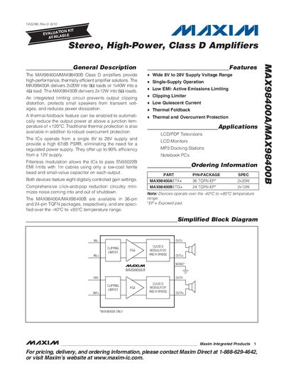 Maxim MAX98400A/MAX98400B Class D Amplifier Datasheet - cover page