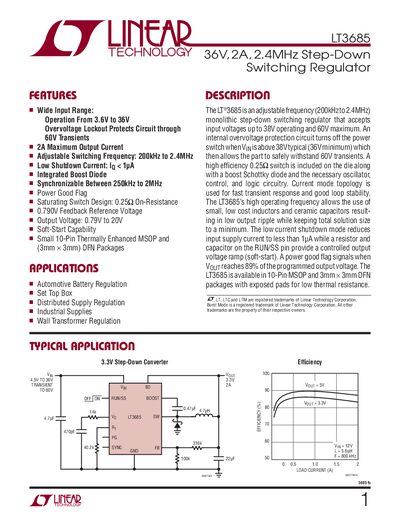 Linear Technology LT3685 36V 2A Step-Down Switching Regulator Datasheet