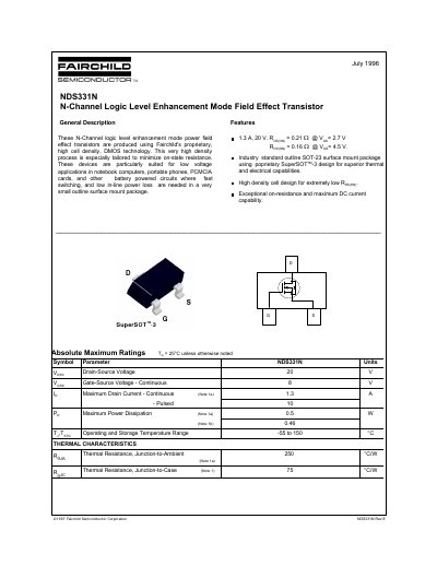 Fairchild Semiconductor NDS331N N-Channel Logic Level Enhancement Mode Field Effect Transistor Datasheet - cover page