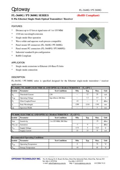 Optoway FL-3640G / PT-3600G Datasheet - cover page