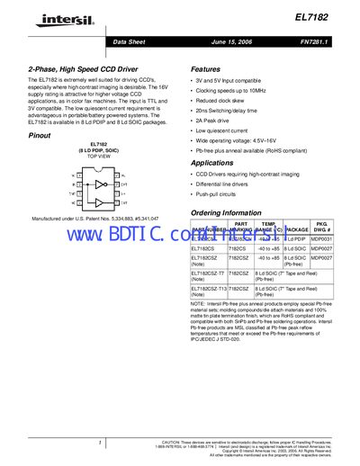Intersil EL7182 CCD Driver Datasheet - cover page