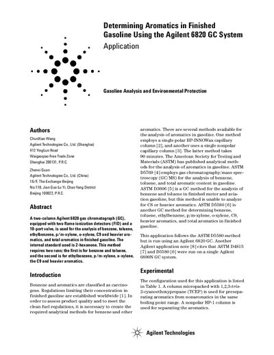 Agilent 6820 GC System Application Note for Determining Aromatics in Finished Gasoline - cover page
