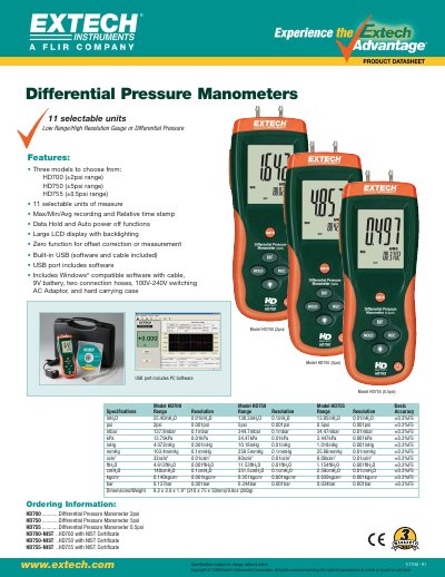 Extech HD750 Differential Pressure Manometer Specifications Sheet - cover page