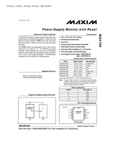 Maxim MAX709 Power‑Supply Monitor Datasheet - cover page