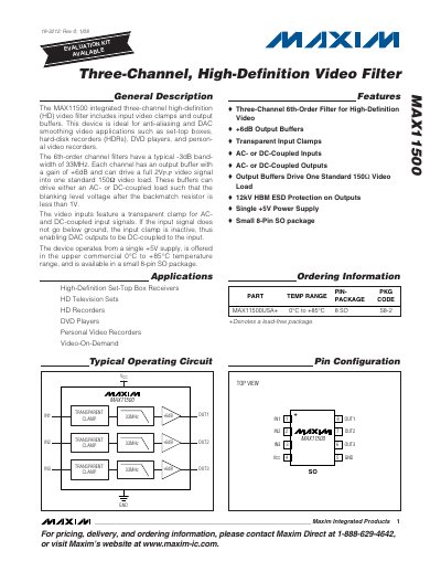 Maxim MAX11500 Video Filter Datasheet - cover page
