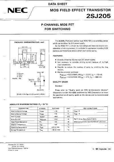 NEC 2SJ205 P-Channel MOS FET Datasheet - cover page