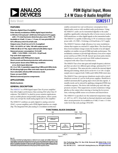 Analog Devices SSM2517 Digital Input Class‑D Audio Amplifier Data Sheet - cover page