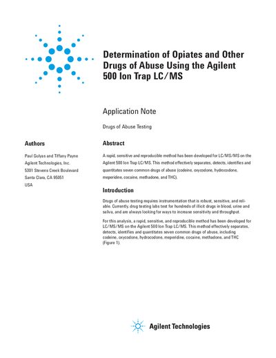 Agilent 500 Ion Trap LC/MS Application Note: Determination of Opiates and Other Drugs of Abuse - cover page