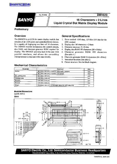 Sanyo DM1623 LCD Dot Matrix Display Module Datasheet - cover page