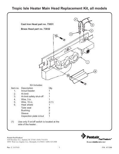 Pentair Tropic Isle Heater Main Head Replacement Kit Parts List - cover page